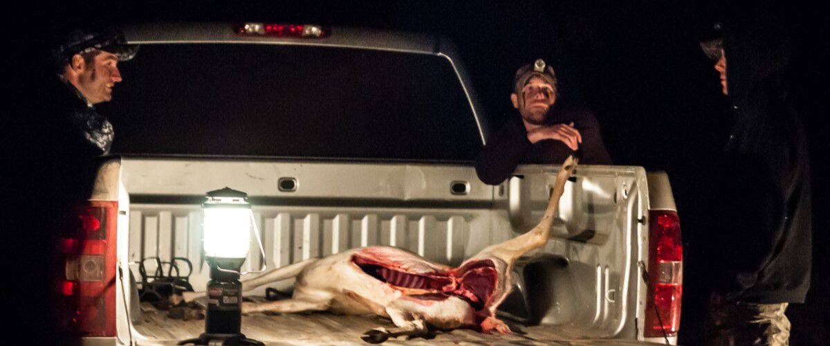 Hunters standing around a pickup with a downed deer in the truck bed